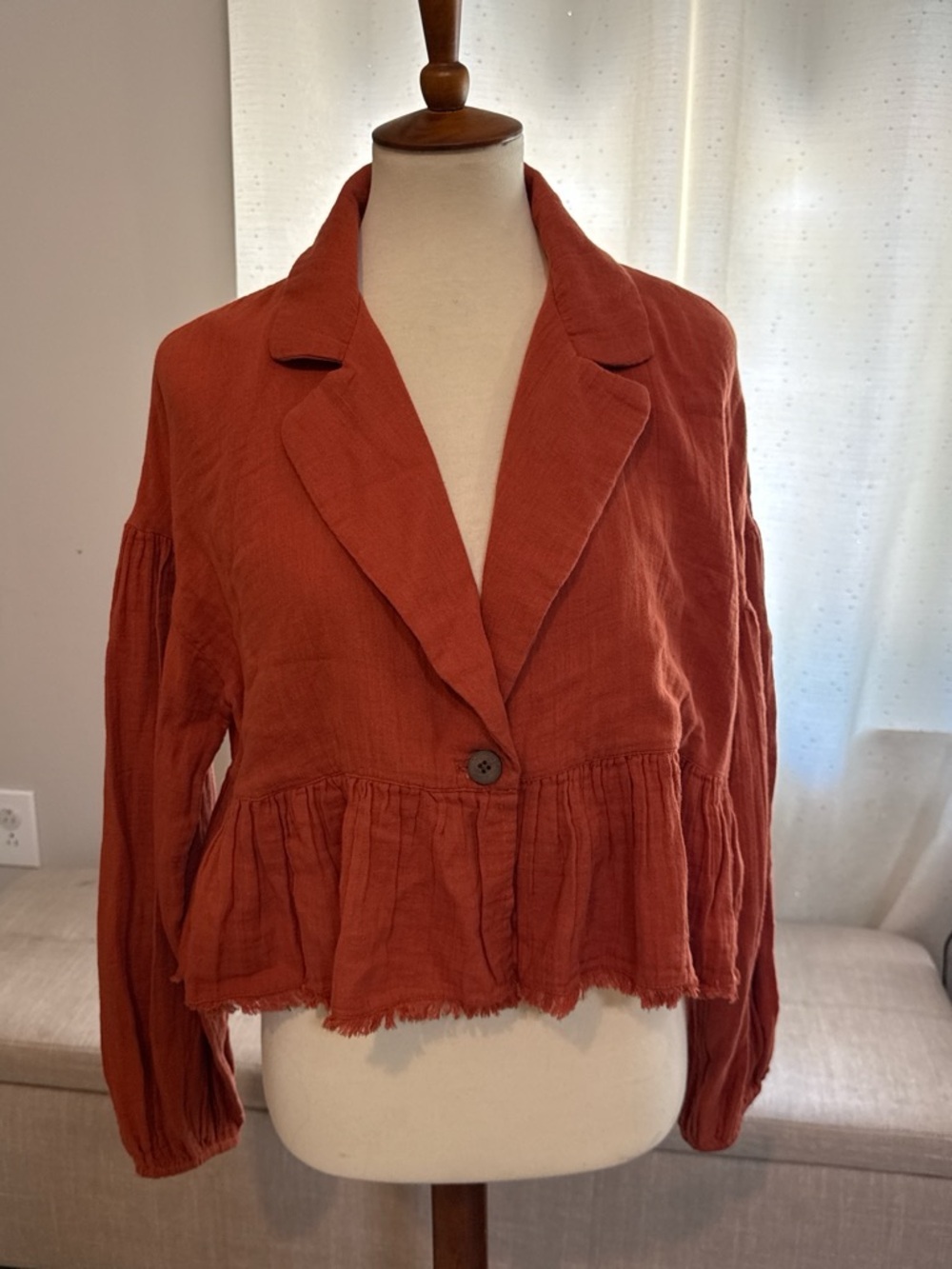 Free People Rust-Orange Ruffled Button Jacket - Picture 2 of 7